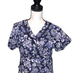 Laura Ashley Blue Floral V-Neck Scrub Top Pockets Lace Detail Photo 1
