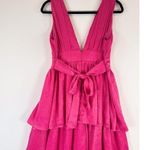 Lulus Dress Hot Pink Peak Party V Neck Layered Bow Tie Midi Barbiecore Large Photo 7