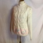 Vintage 80s Hand Knit Turtleneck Sweater | Cream Cable Knit Cottagecore Size M Photo 8