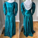 Vintage Emerald Green Floral Satin Basque Waist Floor Length Gown Dress Sz 11/12 Blue Photo 14