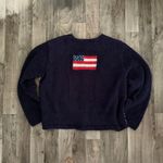 Vintage retro navy blue American flag handknitted sweater cardigan linen cotton Size L Photo 5
