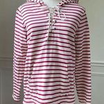 L.L.Bean 501247 Red Stripe Retro French Nautical Lace Front Hooded Shirt M Photo 0