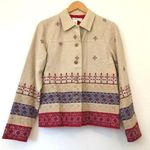 Coldwater Creek Beige Tan Red Blue Cross Stitch Linen Etc Shacket Jacket Medium Photo 0