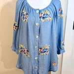 NWT FIG & FLOWER All Over Embroidered Button Front Lightweight Top Blue Sz L 💚 Size L Photo 0