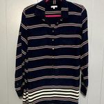 J.Crew Navy Striped Silk Popover Long Sleeve Classic Coastal Minimalist Top M Photo 0