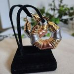 Tricolor Gold Filled Chunky Hoop Earrings Greek Key Design Photo 3