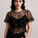 American Rag  Black Mesh Sheer Embroidered Peplum Top M Witchy Goth Dark Coquette Photo 0