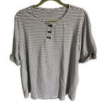 Appleseed's Striped Henley Shirt Roll Tab Sleeve‎ Top Casual 1X White Photo 0