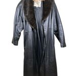 Vtg Laura Winston Collection XL Black Leather Trench Coat Fox Fur Collar Photo 5
