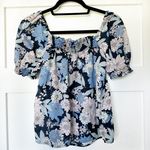 J.Crew Squareneck Puff Sleeve Navy zinnia Floral Top Photo 4