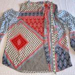 Chico's CHICO’S Size 0 Cold Shoulder Tie Neck Blouse Red Blue Cream Patchwork Bandana Photo 13