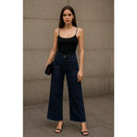 ZARA Woman High Waist Wide Leg Crop Jeans Dark Indigo Raw Hem Rigid Denim Size 1 Photo 7