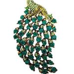 Brooch peacock in sparkly emerald green crystals in a gold and black pin Photo 2