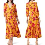 Color Me Courtney Dress Womens Small Yellow Red Floral Print Eleanor Wrap Midi Photo 1