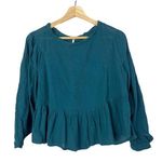 Free People Teal Blue Gauze Cotton Peplum Open Back Long Sleeve Blouse XS Photo 0