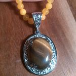 Tiger's Eye Stainless Steel Pendant Necklace with Beaded Yellow Quartzite Photo 0