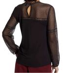 Halogen Sheer Polka Dot Long Sleeve Lace Yoke Mock Neck Split Back Top Black XS Photo 4