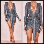 House Of CB ππ Annukka Graphite Sparkle Wrap Dress ~ Metallic Silver XS NWOT Photo 3