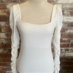 Elodie  White Ribbed Square Neck Long Scrunch Sleeve Top Size M Photo 0