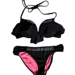 PINK - Victoria's Secret Victoria’s Secret PINK Black Push Up Ruffle Studded Rhinestone Cheeky Bikini Photo 0