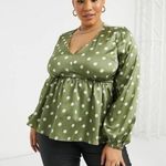 ASOS Simply Be NWT Satin Blouse with Peplum Hem in Sage Polka Dot Photo 0