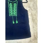 J Crew Tank Womens 8 Navy Green Embroidered Bib Tassel Keyhole Sleeveless Top Photo 2