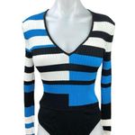 Solid & Striped  Blue Black White Striped V Neck Long Sleeve Bodysuit Top Size M Photo 0