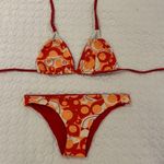 Women Small Reversible red orange triangle bikini set circles polka dot print Photo 0