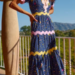 CELIA B Dress Celestial Sun Stars Print Navy Rickrack Trim Midi Dress XS Blue Photo 0