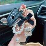 Elegant Beaded Pearls & Rhinestone Perfume Bottle Keychain with Bow, Alloy Metal Pink Photo 5