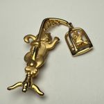 Signed JJ Cat Climbing Bird Cage Stand Gold Tone Brooch Pin Jonette Jewelry Photo 0