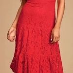 Lulus  Manning Red Lace Tiered Midi Dress Photo 0