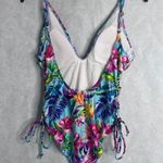 Stylish Swimwear Triangle Top Tie Side Tropical Pattern Deep V Swimsuit Sz LG Blue Photo 1