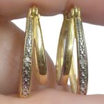 Sterling Silver 925  Gold Overlay Two Tone Double Hoop Diamond Earrings Photo 2