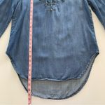 Via Penny Lane Reworked Apparel | Dolly Parton Graphic Chambray Lace Up Blouse Blue Photo 3