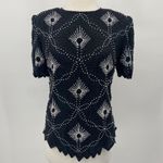 Scala Vintage Pure Silk Beaded Pearl Top Short Sleeve Black White Womens size XL Photo 2