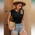 NWT Ruffle Flutter Sleeve Ribbed Casual Bodysuit Tops Sz Small Black Photo 6