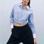 ZARA  blue & white tie strap bow cropped button front collar long sleeve shirt Photo 5