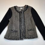 Chico's  Black Tweed Herringbone Jacket with Leopard Print Trim Photo 0