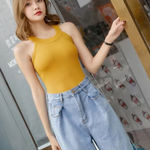 Sexy Women Knitted Tank Tops Vest Sequined‎ U Neck Long Crop Tops Solid Yellow Size XS Photo 0