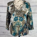 Le Mieux Top Womens S Floral Sequin Glitter V Neck 3/4 Sleeve Cotton Blend NEW Photo 3