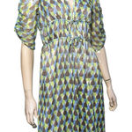 Herion Women’s Size 42 M Brown Blue Green Tear Drop Geo Print Silk Chiffon Dress Size M Photo 0