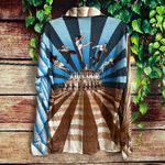 Vintage 1970s Nik Nik Grey Star Sunrise Silk Button Up Shirt XL Blouse Dancers Brown Photo 1