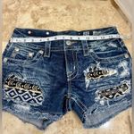 Miss Me Blue Distressed Jean Shorts with Bohemian Patches Photo 4