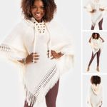 Francesca's | Hooded Sweater Cream Poncho Fringe Detail Lace Up Front One Size Photo 6