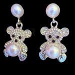 Pearl Teddy Bear Drop Earrings | Cute Sparkly Statement Jewelry I Silver Photo 0