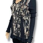 Dolcezza Womens Shirt Top Full Zip Long Sleeve Ribbed Ruffled Hem Black Brown S Photo 4