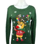 Womens Green Reindeer Christmas Holiday Winter Long Sleeve Pullover Sweater XS Photo 0