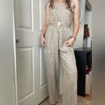ZARA  LINEN BLEND CARGO JUMPSUIT Size Medium Tan NEW with‎ mini flaw Photo 8