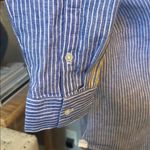 J.Crew Blue Striped 100% Linen Top with Yellow Embroidery Size Medium Photo 5